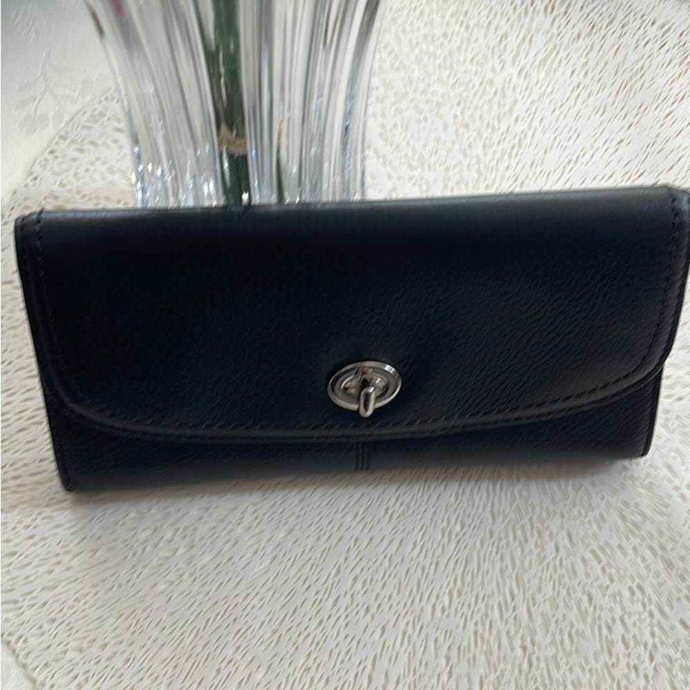 Coach Black Leather Turnlock Continental Wallet with Silver Hardware